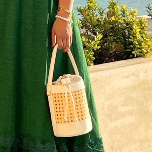 Neiman Marcus PU Leather Beige Rattan Bucket Bag - Picture 1 of 5